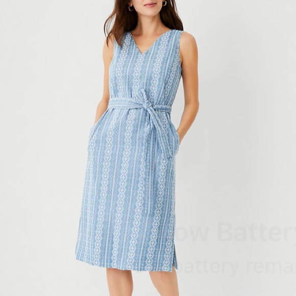 Ann Taylor Embroidered Chambray V-Neck Midi Dress